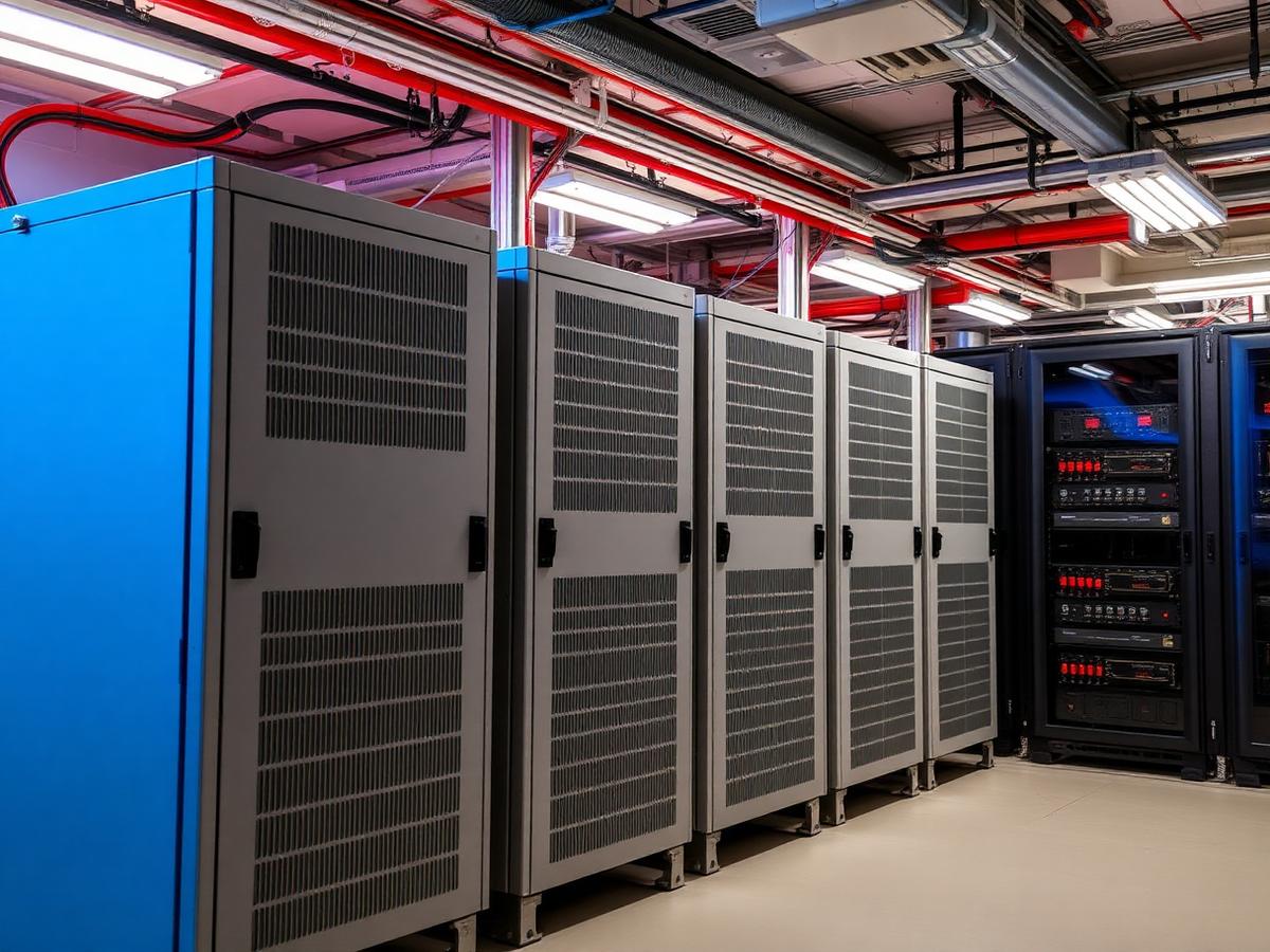Sala con sistemas de respaldo de energía y equipos de telecomunicaciones