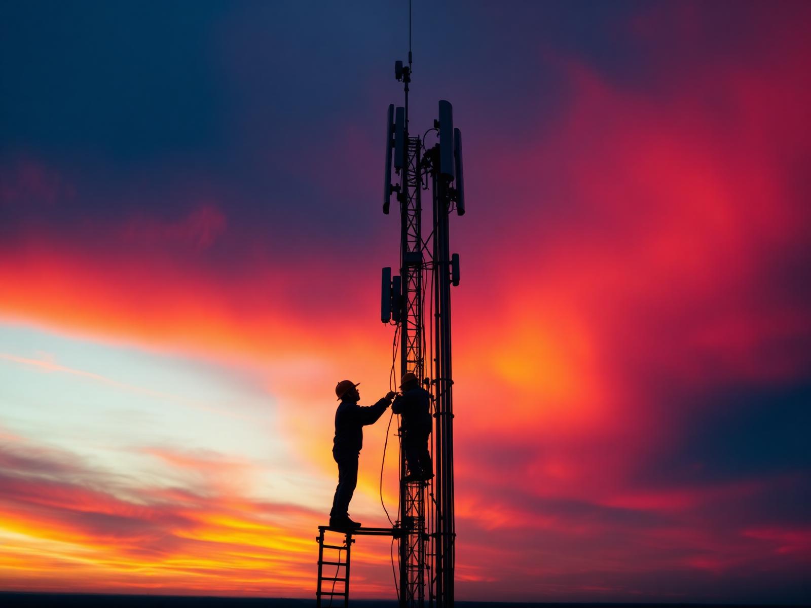 Torre de telecomunicaciones al amanecer con técnicos de GETELMA